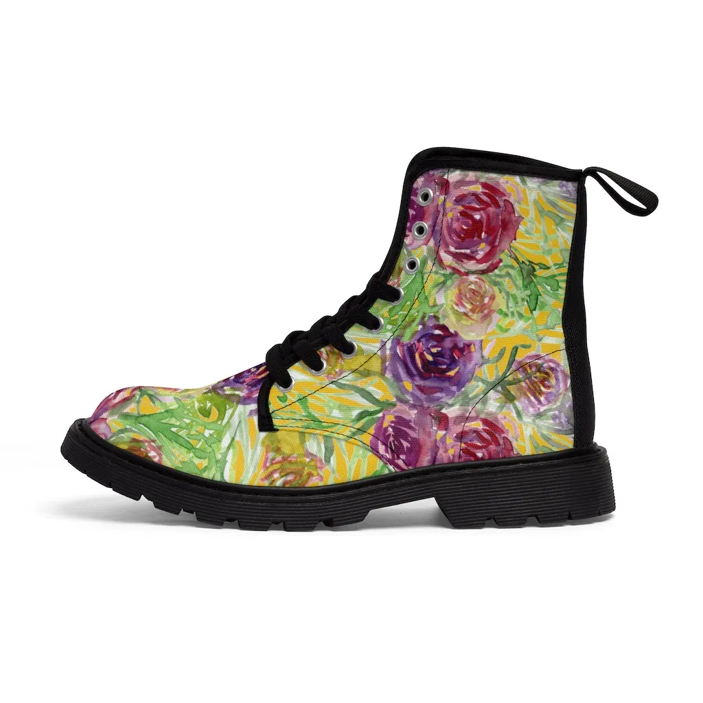 Yellow Rose Floral Women's Boots, Pink Purple Rose Flower Printed Hiking Combat Boots For Ladies