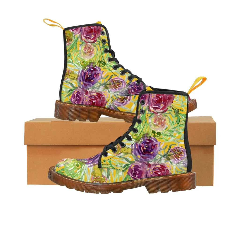 Yellow Rose Floral Women's Boots, Pink Purple Rose Flower Printed Hiking Combat Boots For Ladies