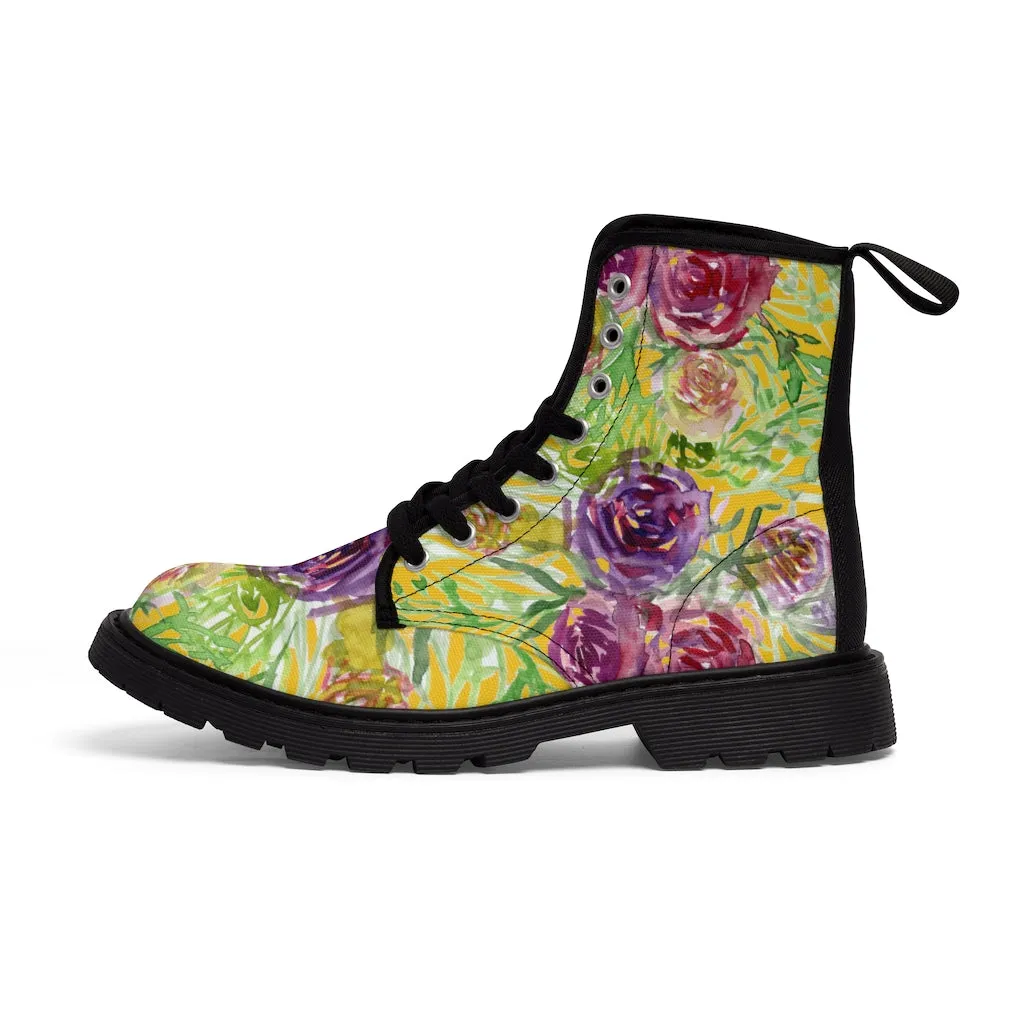 Yellow Rose Floral Women's Boots, Pink Purple Rose Flower Printed Hiking Combat Boots For Ladies