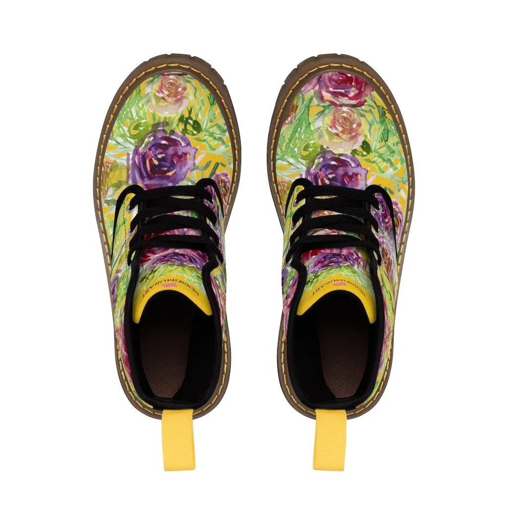Yellow Rose Floral Women's Boots, Pink Purple Rose Flower Printed Hiking Combat Boots For Ladies