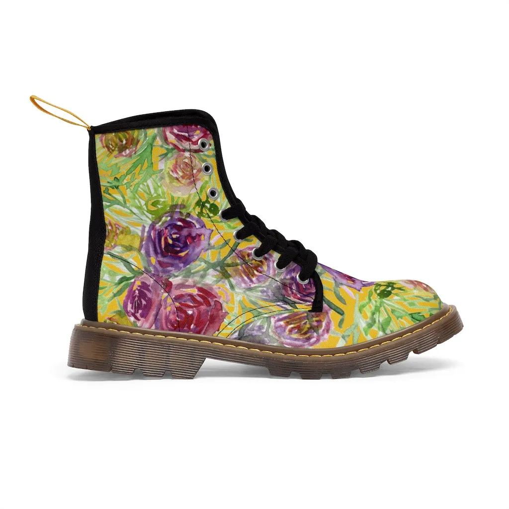 Yellow Rose Floral Women's Boots, Pink Purple Rose Flower Printed Hiking Combat Boots For Ladies