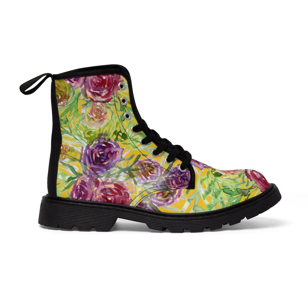Yellow Rose Floral Women's Boots, Pink Purple Rose Flower Printed Hiking Combat Boots For Ladies