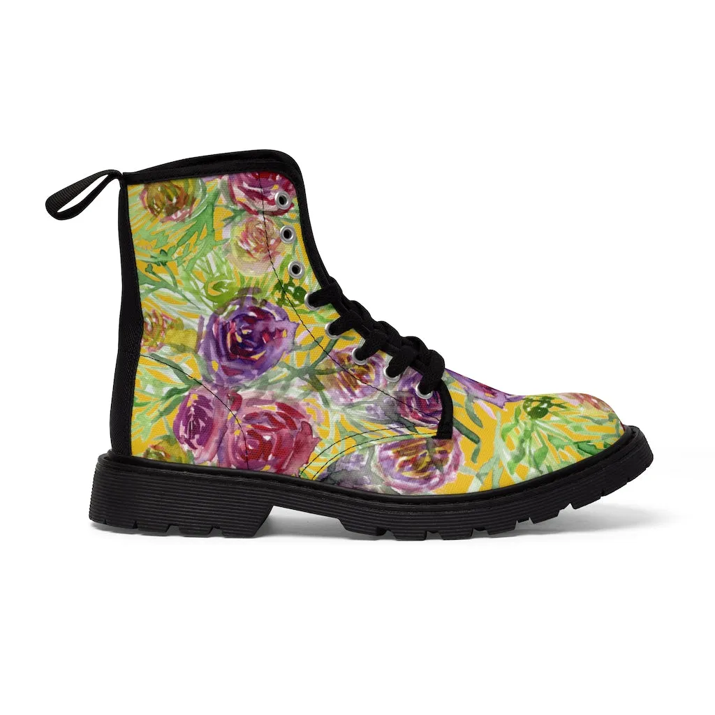 Yellow Rose Floral Women's Boots, Pink Purple Rose Flower Printed Hiking Combat Boots For Ladies