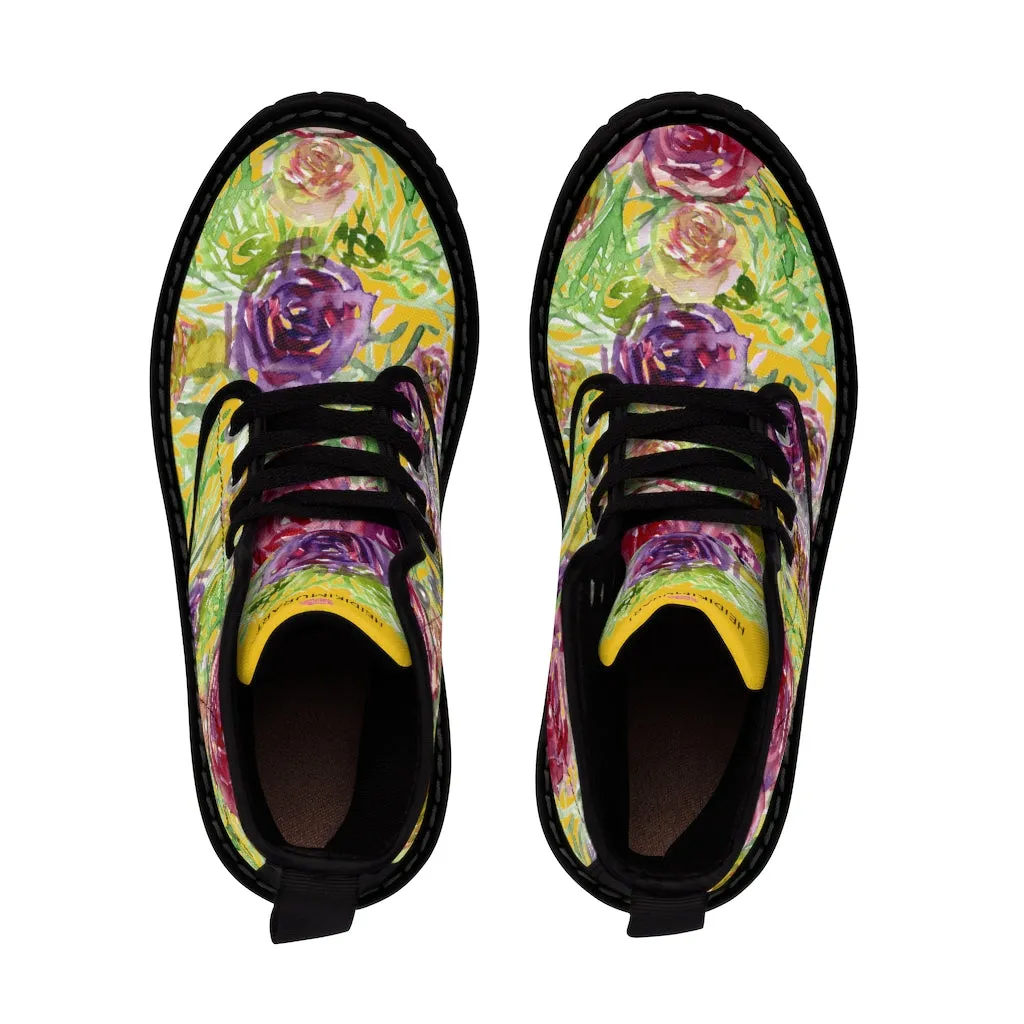 Yellow Rose Floral Women's Boots, Pink Purple Rose Flower Printed Hiking Combat Boots For Ladies