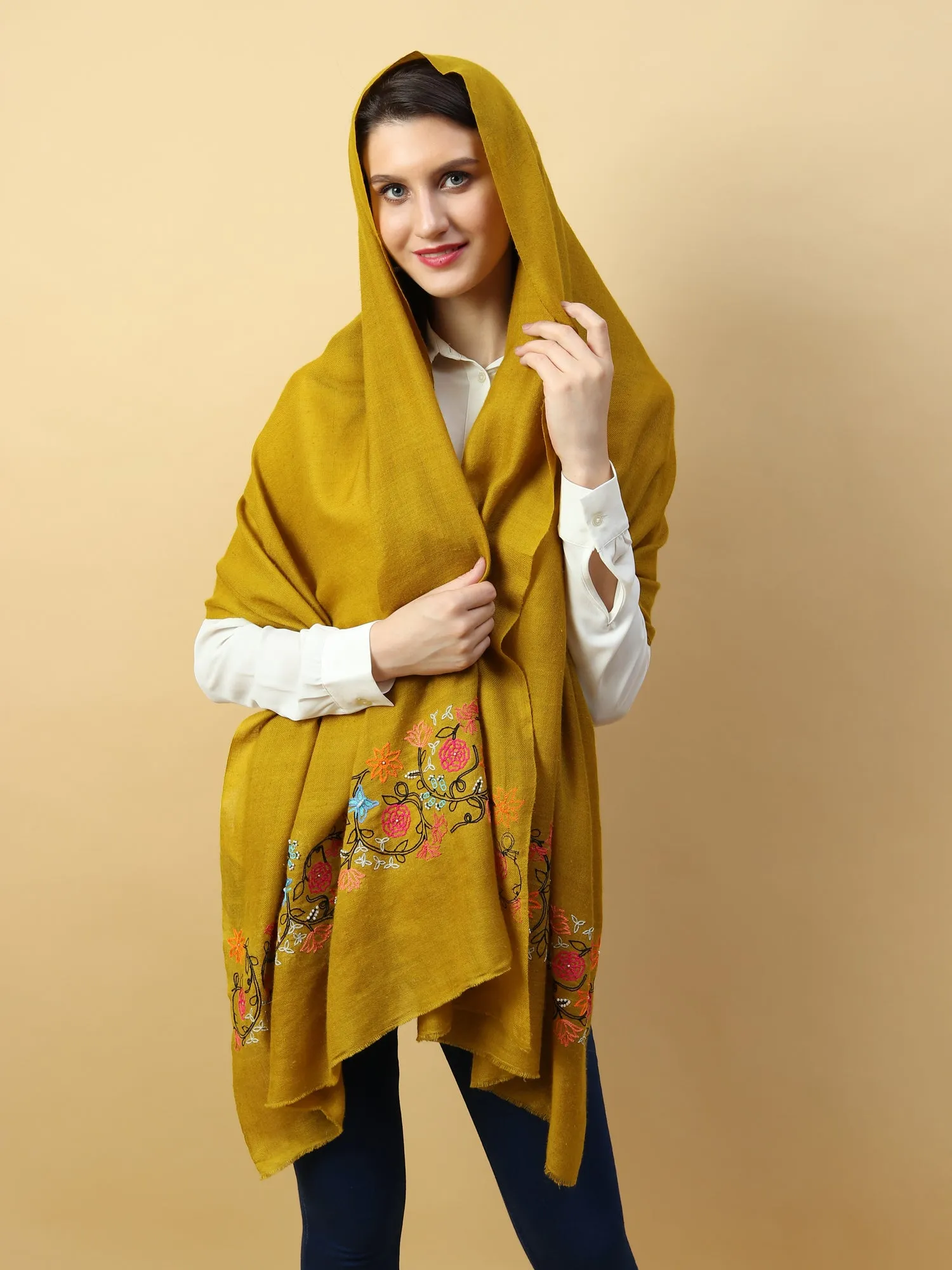 Yellow Shawl, Pure Pashmina Shawl hand embroidered with floral pearl pattern