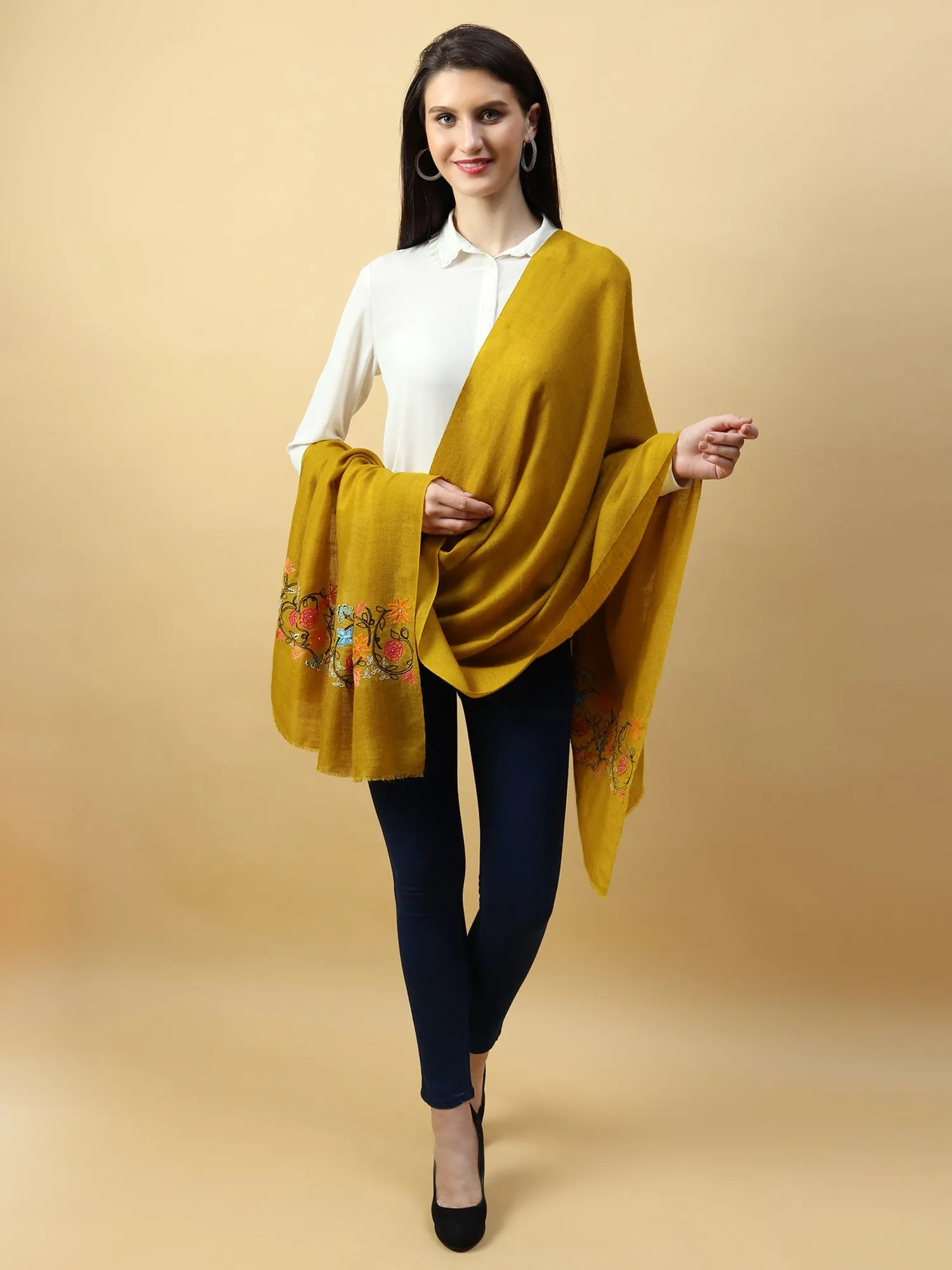 Yellow Shawl, Pure Pashmina Shawl hand embroidered with floral pearl pattern