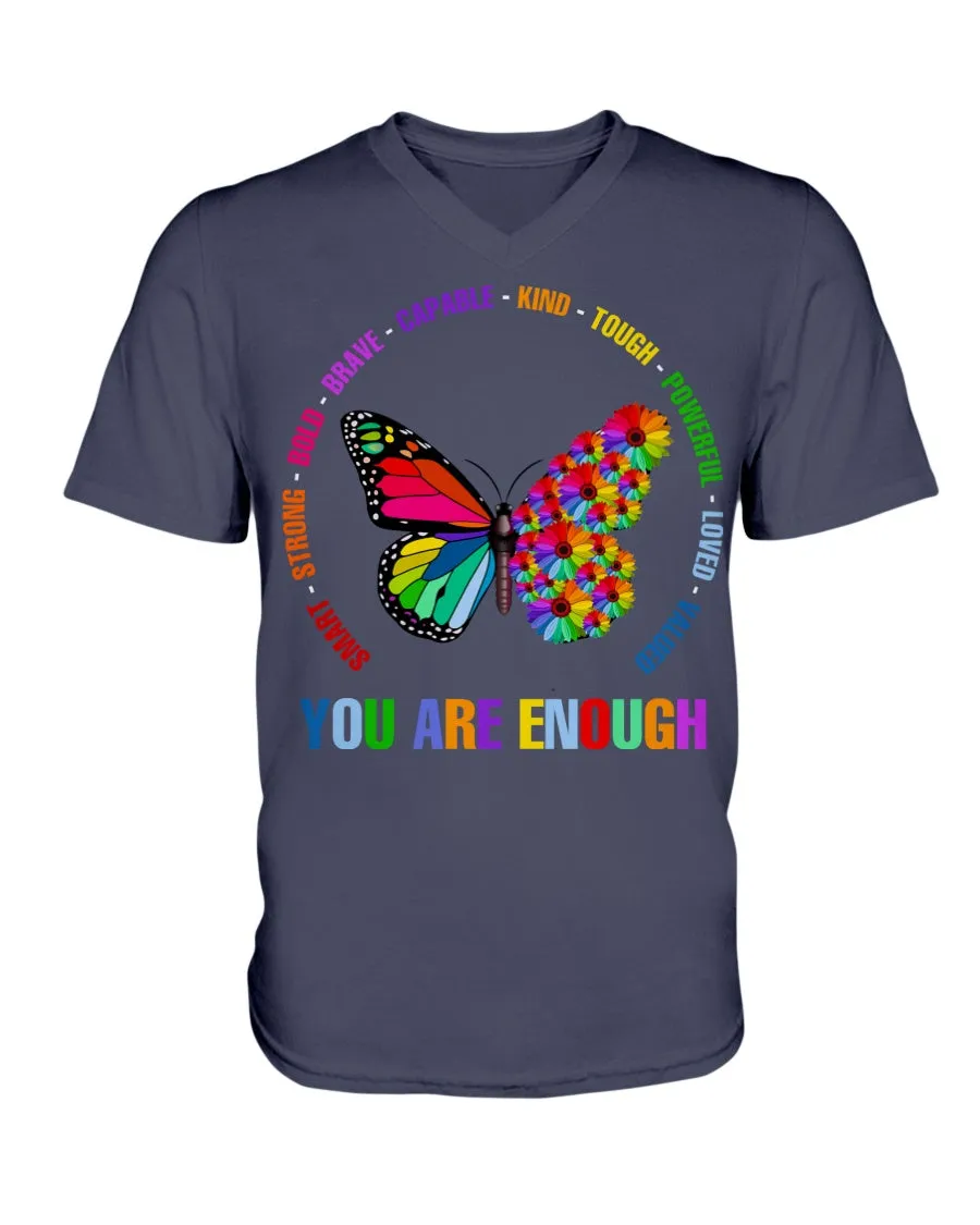 You Are Enough Butterfly And Flower Bella   Canvas Unisex Short Sleeve V-Neck Tee