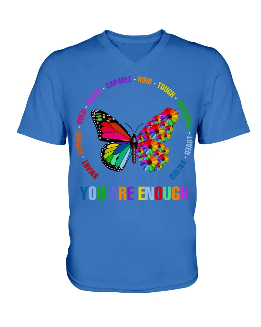 You Are Enough Butterfly And Flower Bella   Canvas Unisex Short Sleeve V-Neck Tee