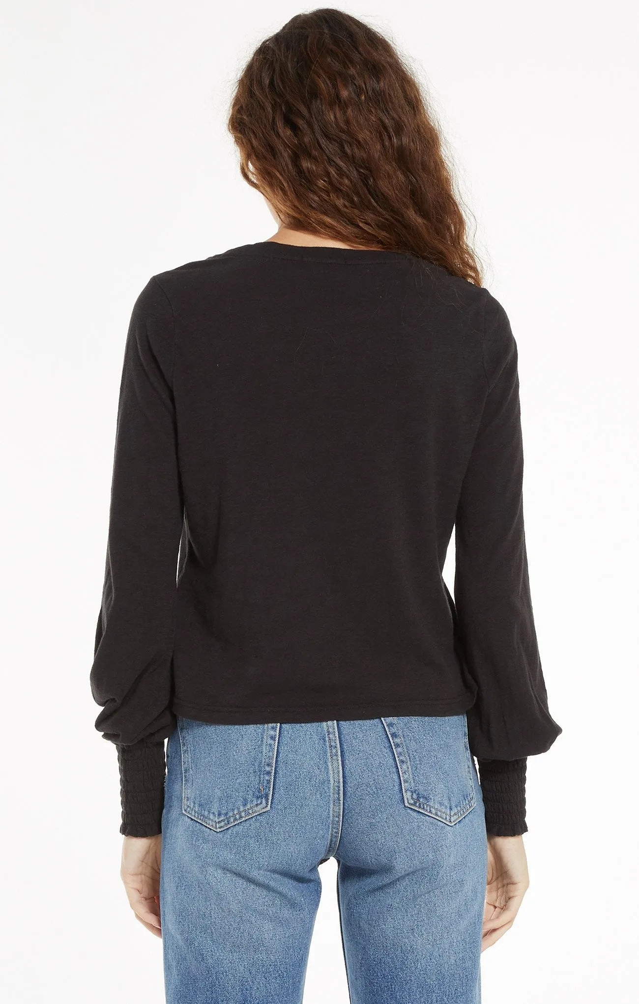 Z Supply "Lyla" Knit Top With Elastic Puff Sleeve Detail | Black, White