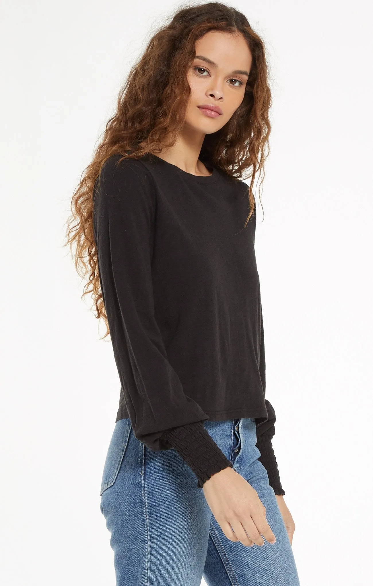 Z Supply "Lyla" Knit Top With Elastic Puff Sleeve Detail | Black, White