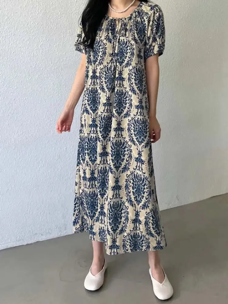 ZANZEA Holiday Summer Maxi Dress Women Fashion Short Sleeve Robe Vintage Printed Bandage O-neck Sundress Casual Loose Vestidos