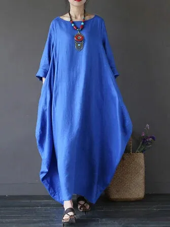 ZANZEA Women Plus Size Cotton Linen Solid Baggy Pockets Summer Maxi Dress