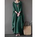 ZANZEA Women Plus Size Cotton Linen Solid Baggy Pockets Summer Maxi Dress