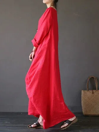 ZANZEA Women Plus Size Cotton Linen Solid Baggy Pockets Summer Maxi Dress