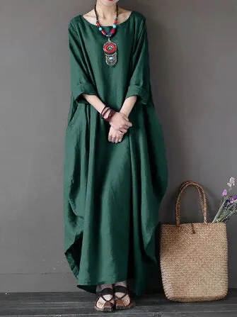 ZANZEA Women Plus Size Cotton Linen Solid Baggy Pockets Summer Maxi Dress