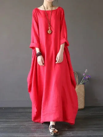 ZANZEA Women Plus Size Cotton Linen Solid Baggy Pockets Summer Maxi Dress
