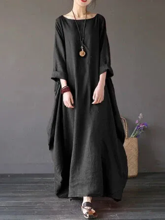 ZANZEA Women Plus Size Cotton Linen Solid Baggy Pockets Summer Maxi Dress