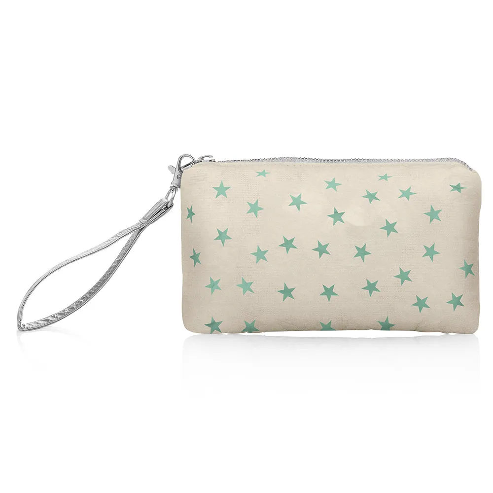 Zip Wristlet in Golden Shimmer Beige with Myriad Sea Green Stars