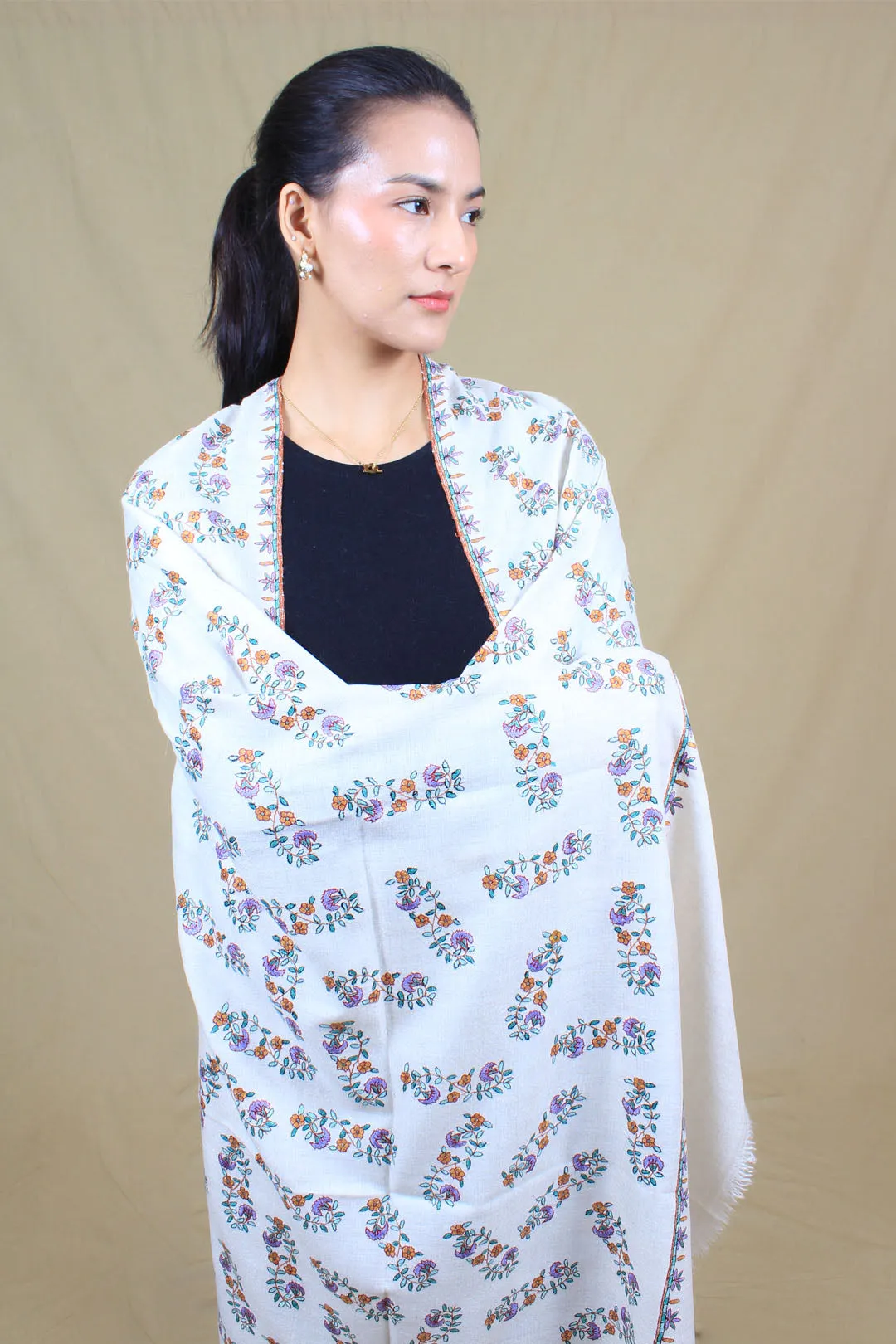 Zuleikha Ivory Sozni Jaali Embroidered Pashmina Shawl